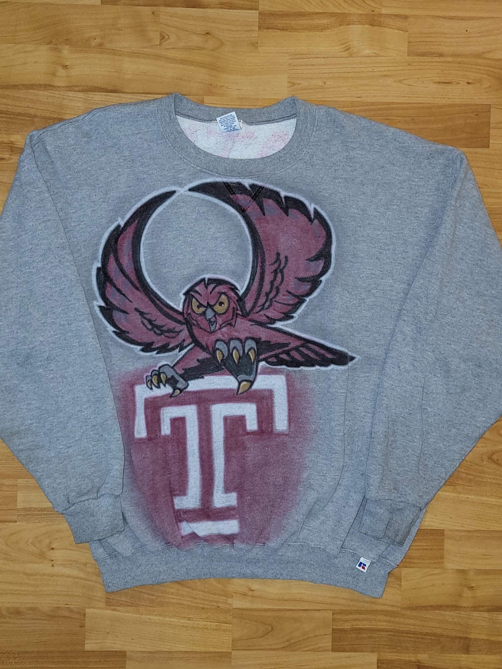 Vintage Russell Athletic Temple Owls XL NCAA Air Brush Gray Crewneck Sweatshirt